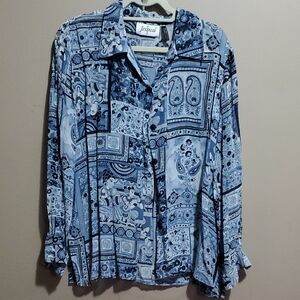 Jessica Blue Patterned Button Down  Shirt Size Large